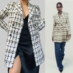 ZARA  Plaid Double Breasted Blazer Jacket Women Sz M Cream Black Tan Long Sleeve Photo 1