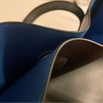 Macy's RARE  Oversized Black Faux Leather Tote Bag Lined with Blue Fabric Photo 3