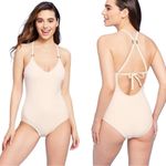 Kona Sol  Women’s Wide Ribbed Ring Medium Coverage One Piece Swimsuit in Cream M Photo 1