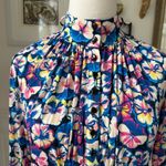 Paco Rabanne Floral Pansy Button Up Mock Neck Peplum Blouse $800 40 8 Blue Photo 2