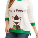 Holiday Time ‎ Women’s Sweater Merry Foxmas Christmas Ugly Sequin White Green XXL Photo 0