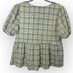 Entro Checkered Gingham Green White Ruched Puff Sleeve Women Blouse Size Medium Photo 1