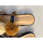 J. McLaughlin  Mandy Floral Pom Pom Sandals Slides Size 8 Leather Blue Raffia‎ Photo 3
