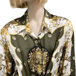 Soho NYC Green/Gold Scarf Print Front Tie Blouse S Photo 5