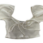 ZARA Crop Top Womens Medium White Ribbed Puff Sleeve Knit Tie Neck Cropped Photo 0