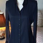 Elie Tahari navy blk Silk Button Down shirt blouse sheer long sleeves M L Photo 0
