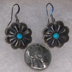 Handmade Navajo Sterling Silver Turquoise Old Look Stamp Dangle Concho Earrings. Photo 7
