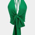 Micas  Green Linen V-Neck Halter Tie-Front Ruched Zipper Backless Cami Top Photo 0