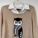 Notations  Tan Owl Print Sweater Faux Collar Cuff Knit Long Sleeve Women’s 1X Photo 2