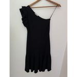 Rebecca Taylor  Black One Shoulder Ribbed Knit Mini Dress Ruffle EUC Small Photo 0