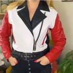 CHIA Colorblock Leather Moto Jacket Red White Black Belted Quilted Size M Size M Photo 0