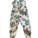 Tropical Coastal Jungle Leafy Floral White Green Sleeveless Side Slit Jumpsuit Size L Photo 1