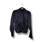 frame denim FRAME Navy Silk Ruched Mock Neck Button Front Long Sleeve Blouse Top Photo 2