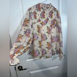 Entro Floral Smocked Mock Neck Lantern Bell Sleeve Chiffon Blouse Size Small Photo 3