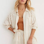 Aerie  Button Down Shirt Womens Medium Tan Stripe Linen Blend Oversized Beach Photo 0