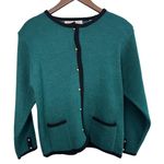 Karen Scott VTG Women Medium Button Down Green Cardigan Black Trim Office Formal Photo 0