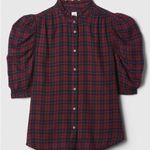 Gap NEW flannel Plaid buttons down shirt top Puff Sleeve Red and Blue XSMALL Photo 2