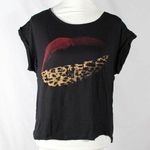 Cotton On 2010s Black Crop Top Kiss Graphic Red Burgundy Lips Leopard Medium Edgy Photo 0