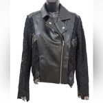 Guess  Faux Leather Moto Jacket Lace Sleeve Floral Print Size M Photo 3