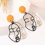 "Women Face" Gold Black Reversible Abstract Face Drop Earring Photo 0