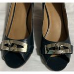 Nine West Women’s 9M Blue Leather Open Toe Wedge Heel Shoes/Buckle Detail Photo 1
