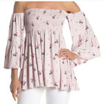 Free People  Shirt Womens XS‎ Pink Lana Off Shoulder Floral Bell Sleeve Boho Photo 4