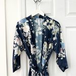 Flora Nikrooz Satin Blue Floral Print Petra Short Robe Tie Belt M/L Medium Large Photo 3