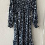 Blue Red Ditsy Floral V Neck Smocked Waist Ruffle Elastic Cuff Midi Dress Photo 1