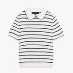 ZARA NWT  Sz Medium Top: Lapel Neck, Short Sleeve, Navy & White Striped w/ Piping Photo 4