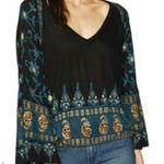 Free People Medallion Bohemian Blouse Women M Black Retro Floral Relaxed Retro Photo 0