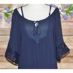Flying Tomato  Blue Blouse Top Size L Lace Hem Tunic Up V-Neck Casual Photo 10