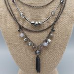 EXPRESS  Gray Gun Metal Multi Strand Smokey Beaded Necklace Tassel Accent 16" Photo 2