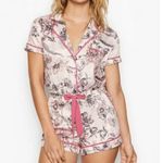Victoria's Secret  Satin Tie Waist Romper Light Pink Floral & Striped Size Large Photo 0