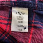 Aritzia TNA Hooded Plaid Boyfriend Fit Button Down Long Sleeve Red Navy XS Blue Photo 5