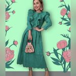 ZARA  Broderie Anglaise Cutwork Embroidered Eyelet Ruffle‎ Midi Dress Green Sz XS Photo 1