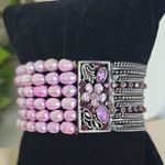Silver Tone Multi Chain Lavender Dyed Baroque Pearls Enameled Stretch Bracelet Purple Photo 1