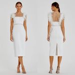 Mac Duggal NWT 11438 Feather Cap Sleeve Pearl Embellished Tea-length Dress Sz 10 Photo 2