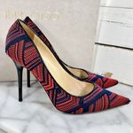 Jimmy Choo Red & Navy Geometric Pattern Woven Pointed Toe Heels Photo 4