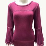 Coverstitched  Burgundy Lace Trim Bell Sleeve Top Size M Photo 0