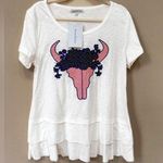 White T Shirt Steer Skull with Flowers Patriotic Red White & Blue 4th of July Size L Photo 0
