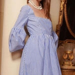 STAUD Blue White Striped Plumeria Long Dress Cottage Cotton Size 00 Photo 0