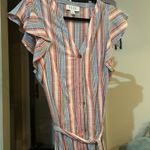 Elle  Striped‎ Midi Dress Ruffle Sleeve Button Front with Belt Size L Photo 2