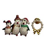 Penguin Family Brooch & Gold Wreath Pin With Faux Pearls A342 Photo 1