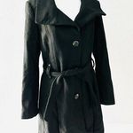 Gallery  Black Belted Wool-Blend Knee-Length Coat Size Medium Photo 0