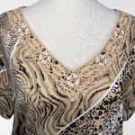Rebecca Malone Animal Print Short Sleeve Top Crochet Beaded Neckline Size XL Photo 1
