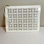 Tory Burch Large Laser Cutout Zip Clutch Pouch White PVC Clear Lining Gold Charm Photo 2
