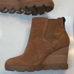 Sorel Women’s Joan Uptown Suede Chelsea Brown Stacked Slip-On Wedge Boots Photo 1