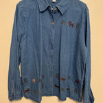 CJ Banks Denim Shirt with Embroidered Wildlife Blue Size XL Photo 0