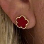 Gold Plated RED Clover Earrings Stainless Steel Floral Womens Jewelry Photo 1