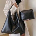 Tote Slouchy Bag and Pouch PU Leather Tote Bag Large Black Photo 1
